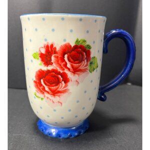 Pioneer Women Heritage Coffee Mug Floral Red Rose With Blue Handle & Base